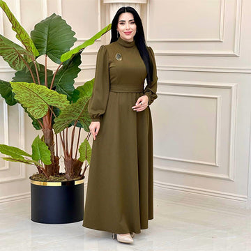 Muslim Solid-Colored Belt-Lending Dress Woman In Autumn 2024